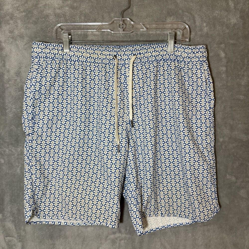 Fair Harbor Blue L Large Trunks Geometric Pattern Swim Shorts Lined w Pockets